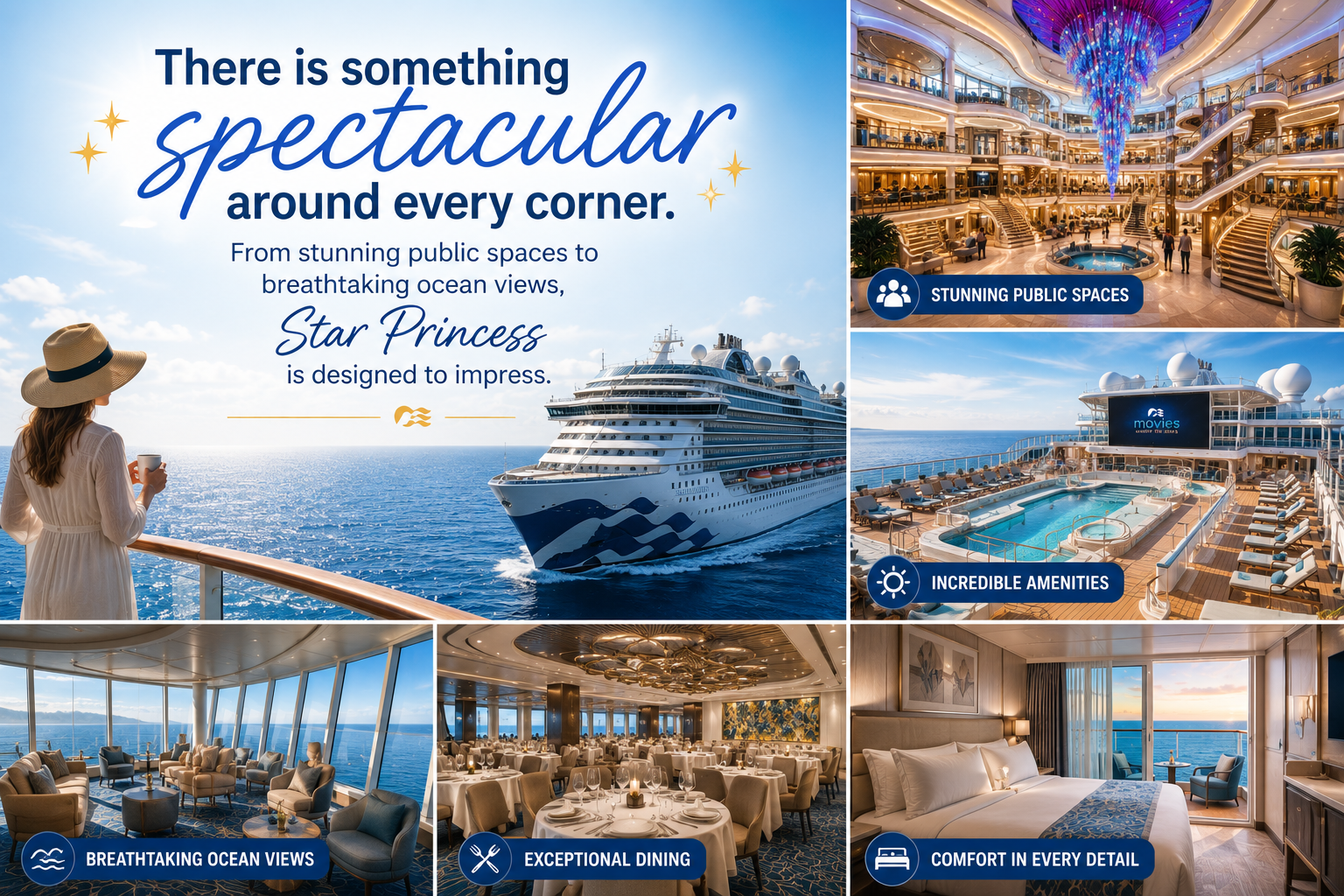 Beautiful public spaces, dining, pools and accommodations aboard Star Princess